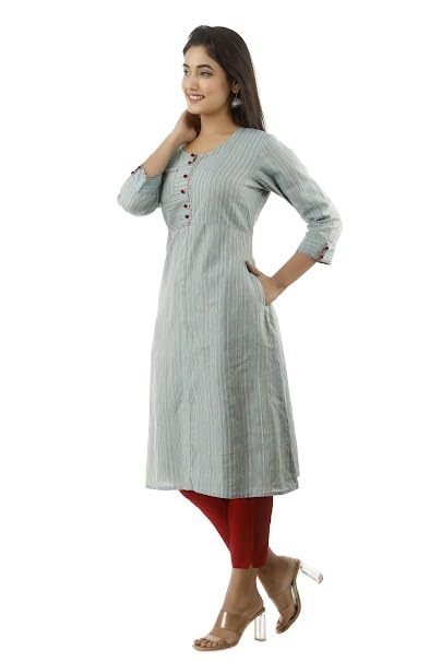 INDVANU Women’s Casual Rayon Regular Fit Round Neck 3/4 Sleeve Striped Straight Kurta with Front one Side Pocket