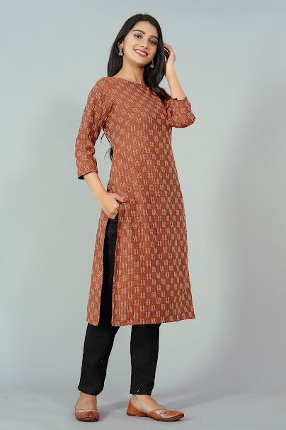 INDVANU Women’s Casual Rayon Regular Fit Round Neck 3/4 Sleeve Printed Straight Kurta