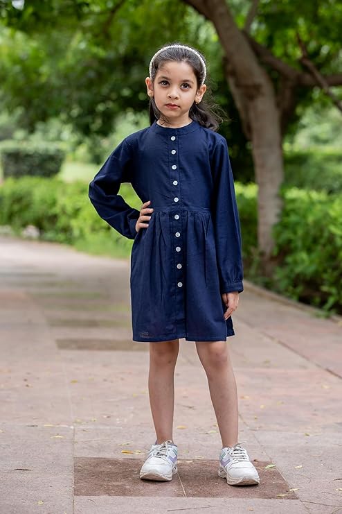 INDVANU Sleeveless Round Neck Front Button Navy Blue Cotton Long Top Dress for Kids Girl’s