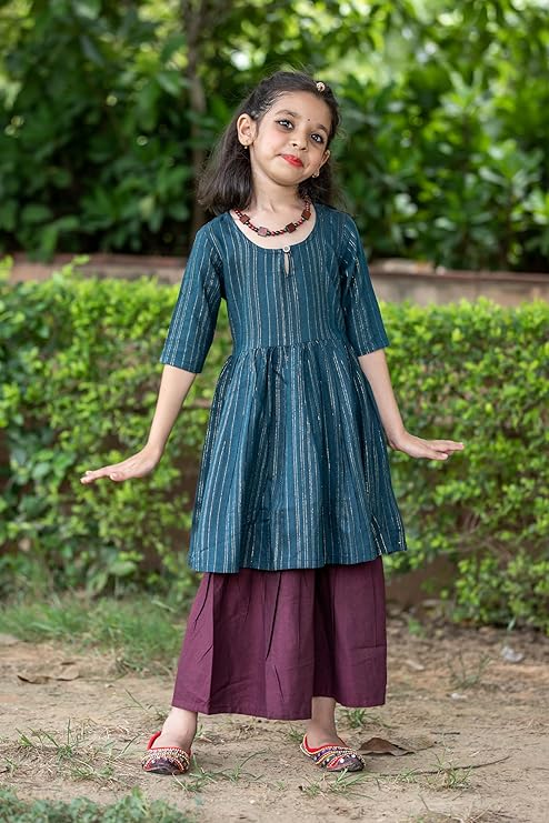 INDVANU Handloom Cotton Weave Short Sleeves Round Neck Striped Green Kurti Matching Maroon Sarara 2 PEC Set for Kids Girl’s