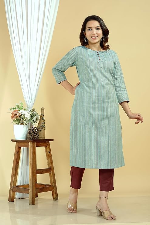 INDVANU Embroidered Cotton Straight Kurta Printed Show Button Women’s Kurti