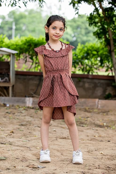 INDVANU Self Design Sleeveless Off-Shoulder Rust Orange Cotton Western Dress for Kids Girl’s