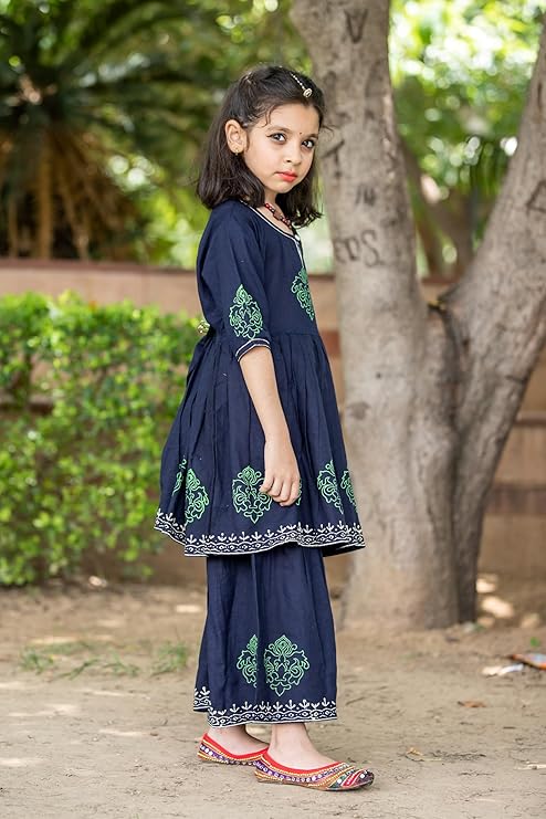 INDVANU Hand Block Cotton Short Sleeves Round Neck Floral Printed Kurti Matching Sarara with Dupatta 3 PEC Set for Kids Girl’s