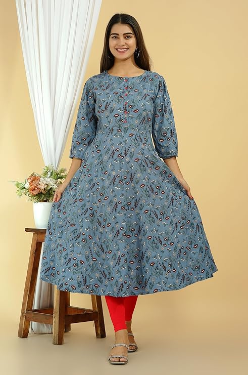 INDVANU Women’s Beautiful Printed Gown in Teal Blue Color for Pretty Women 3/4 Sleeve