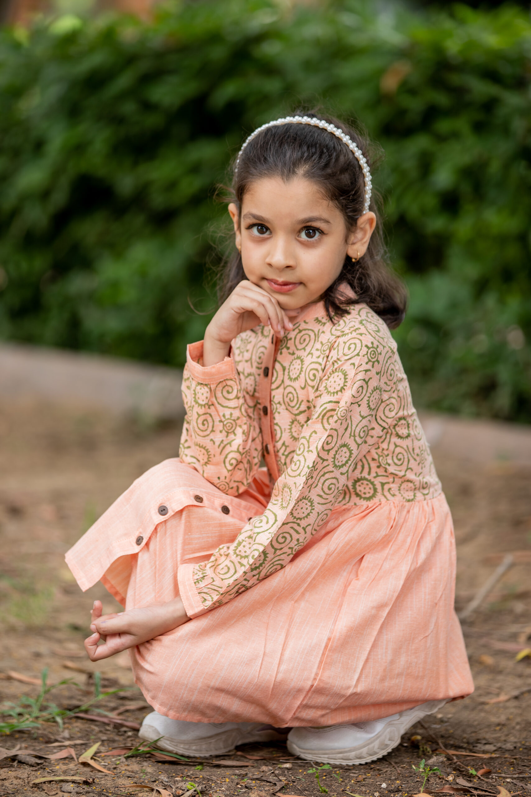 INDVANU Girl Kids Wear’s Casual Cotton Peach Hand Block Printed Long Top Dress