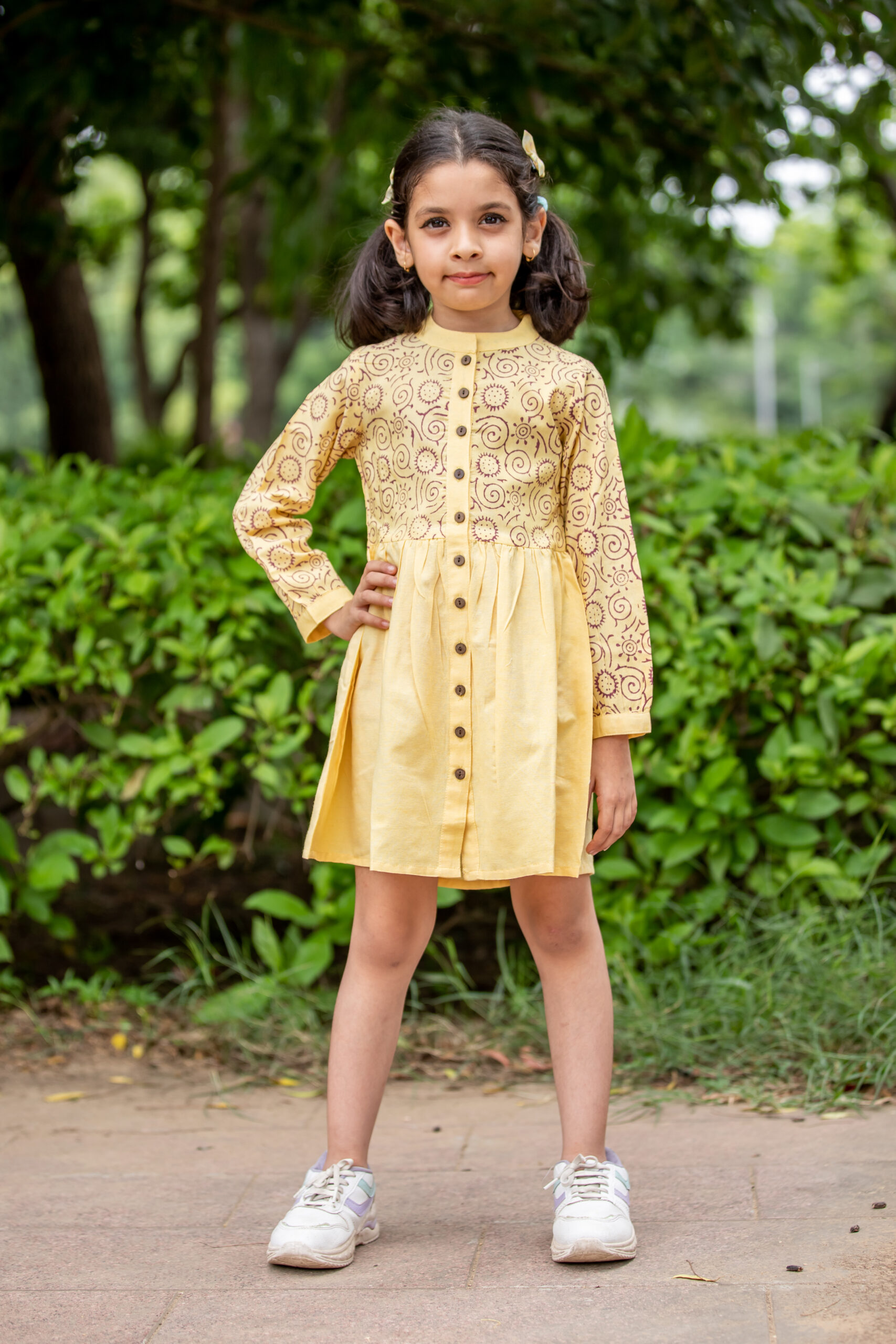 INDVANU Girl Kids Wear’s Casual Cotton Yellow Hand Block Printed Long Top Dress