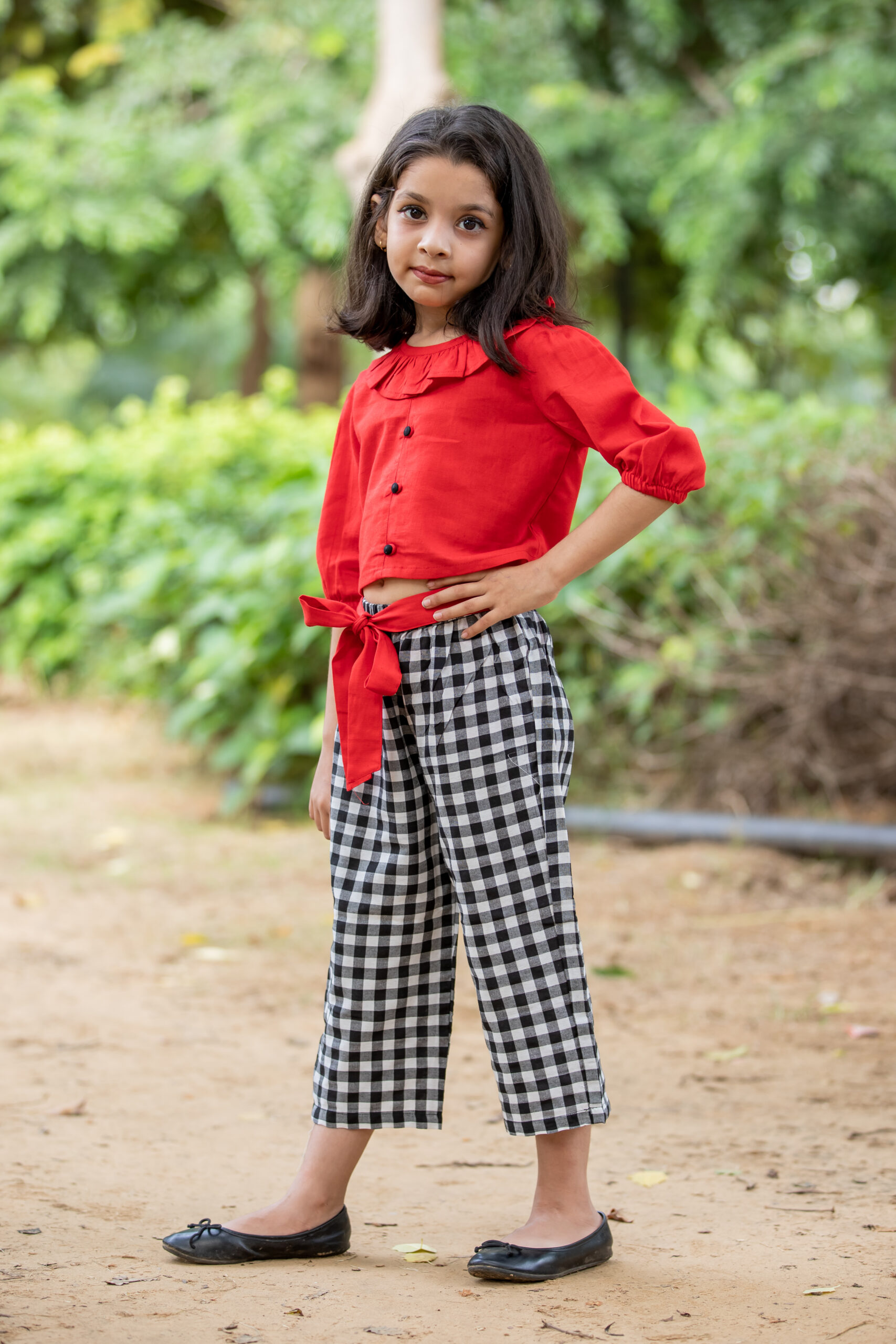 INDVANU Girl Kids Wear’s Casual Cotton crop top with black check palazzo